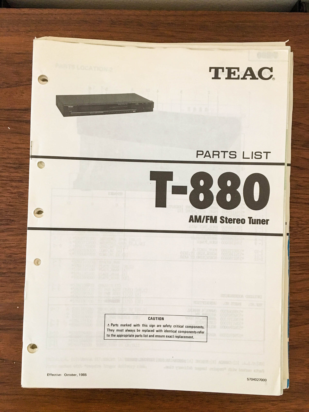 Teac T-880 Tuner Parts List Manual *Original*