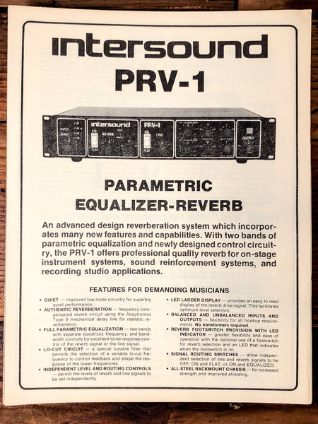 Intersound PRV-1 Reverb 3 pg Foldout Dealer Brochure *Orig*