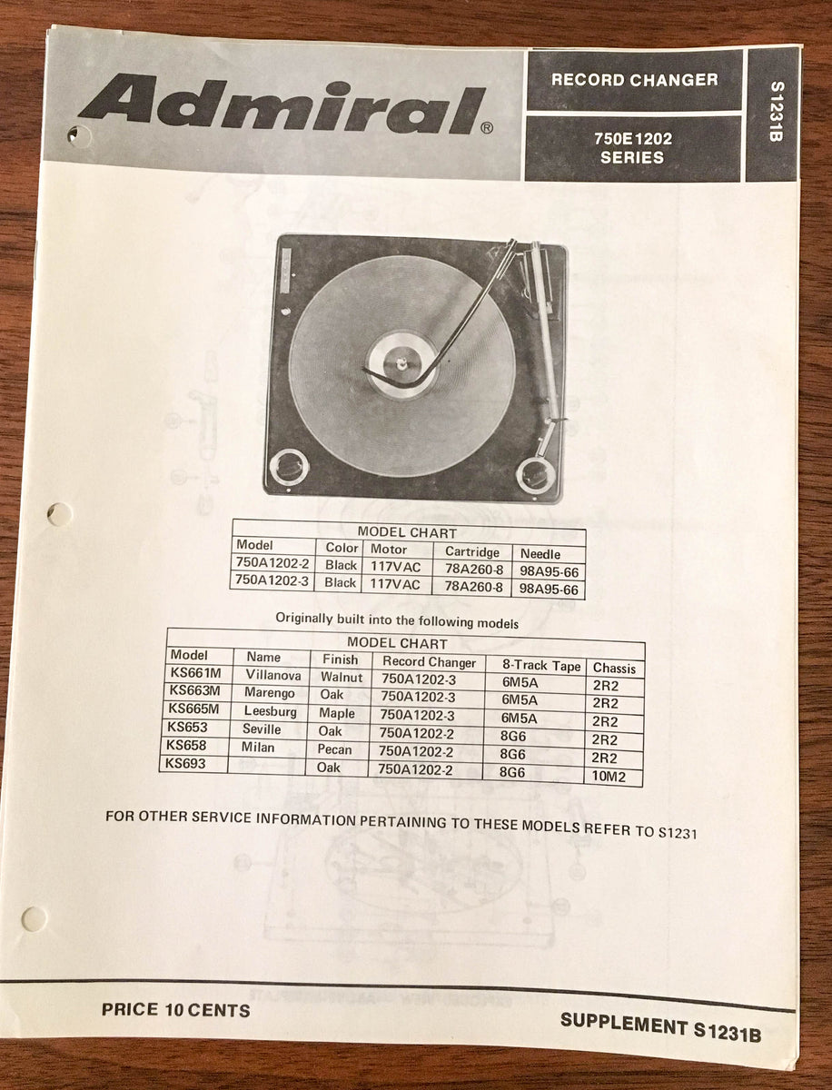 Admiral 750E1202 Series Record Changer Service Manual *Original ...