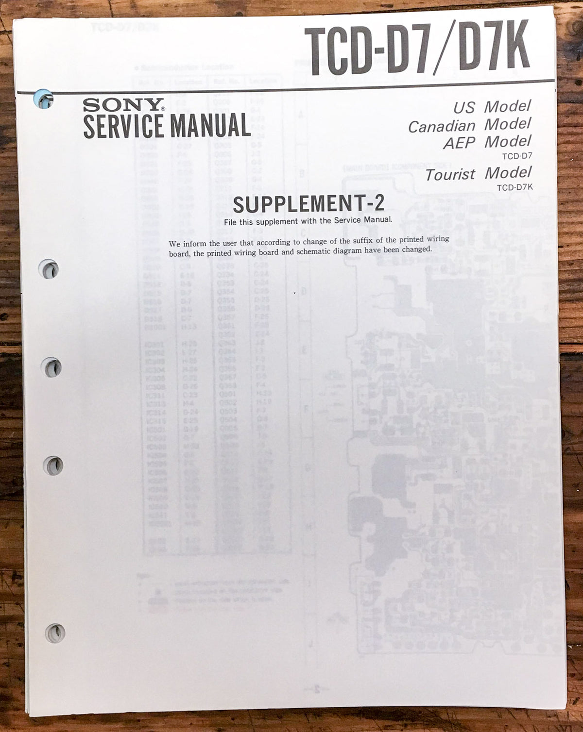 Sony TCD-D7 TCD-D7K Cassette Player  Service Manual Supplement 2 *Original*