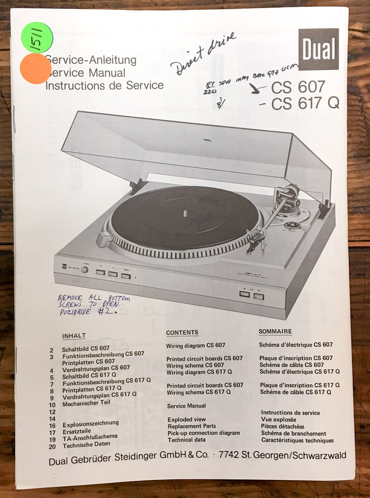 Dual CS 697 CS 617Q Record Player / Turntable  Service Manual *Original*