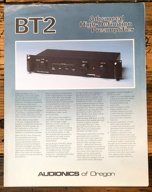 Audionics Model BT2 BT-2 Preamp / Preamplifier Dealer Brochure *Original*