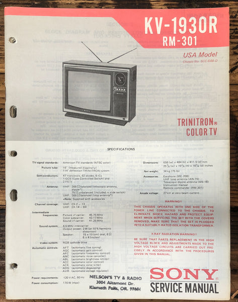 Sony KV-1930R TV  Service Manual *Original*