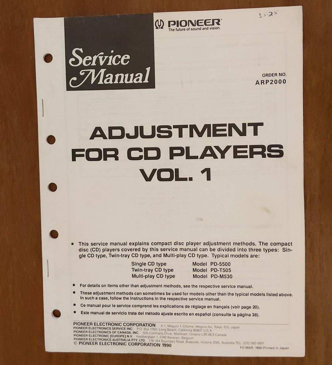 Pioneer Adjustment for CD Players Vol. 1  Service Manual *Original*