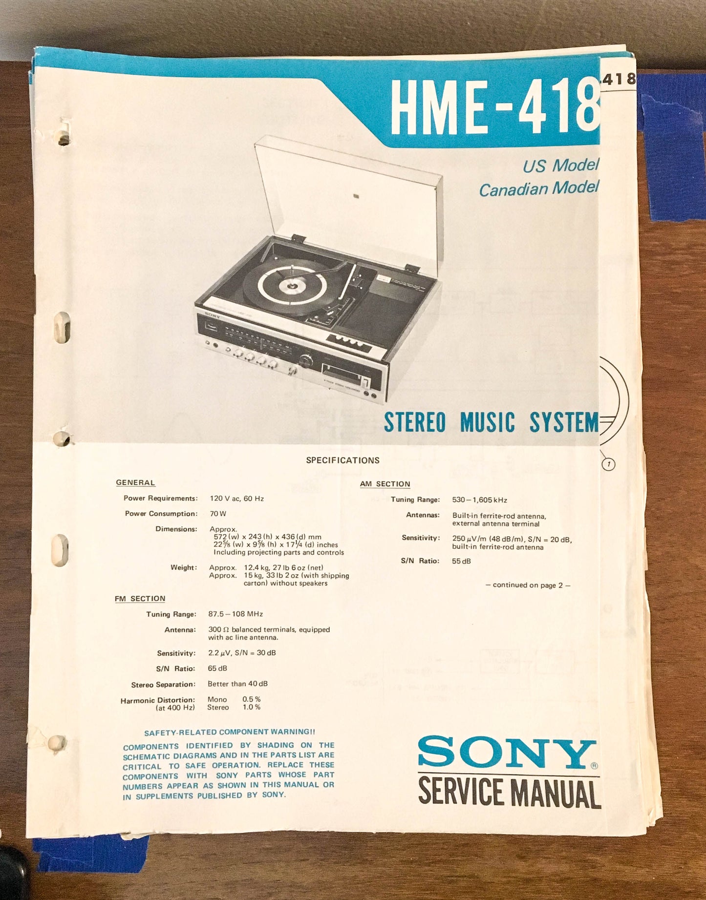 Sony HME-418 Stereo Music System Service Manual *Original*