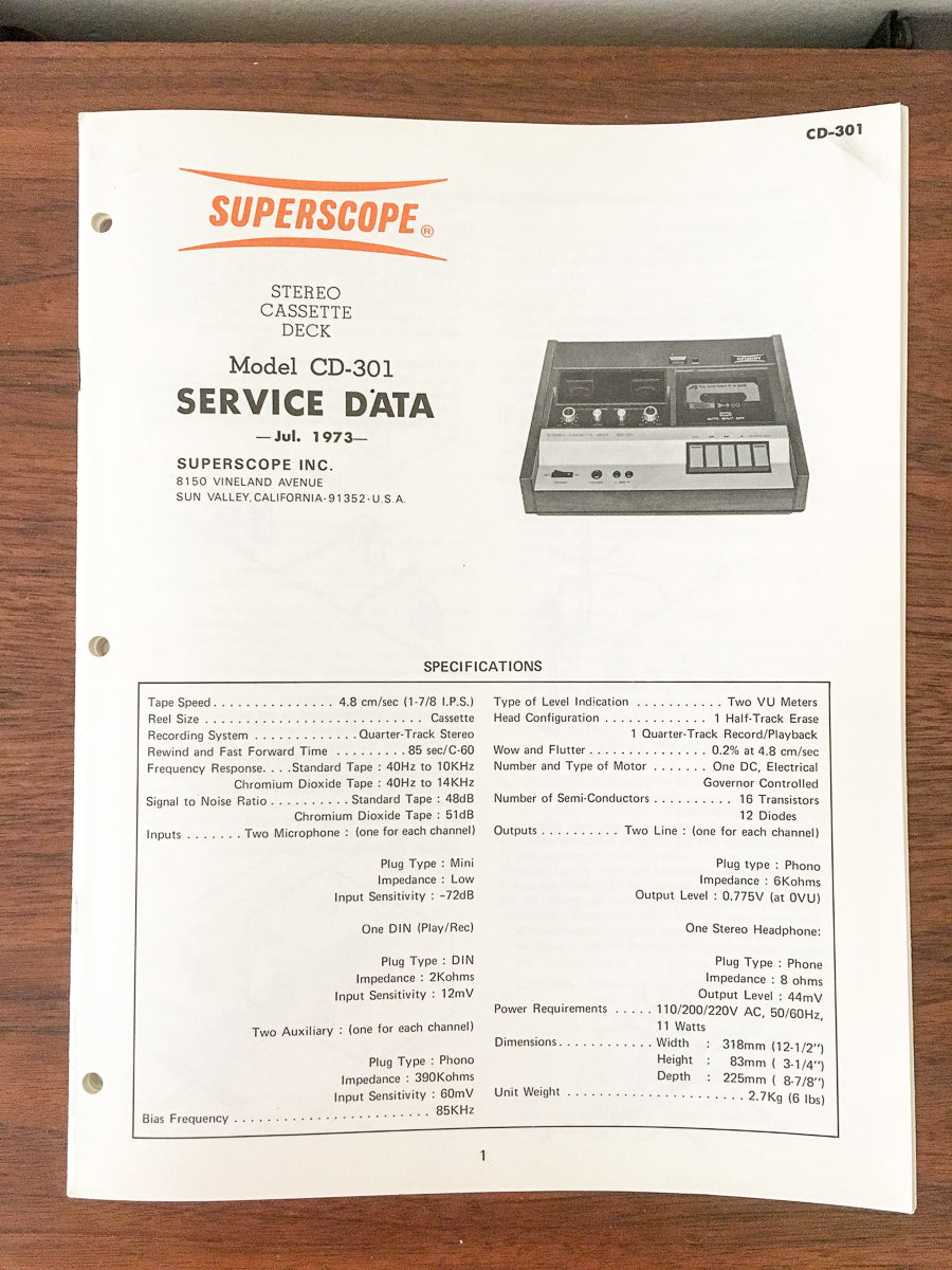 Superscope / Marantz CD-301 Cassette Player Service Manual *Original*