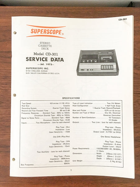 Superscope / Marantz CD-301 Cassette Player Service Manual *Original*