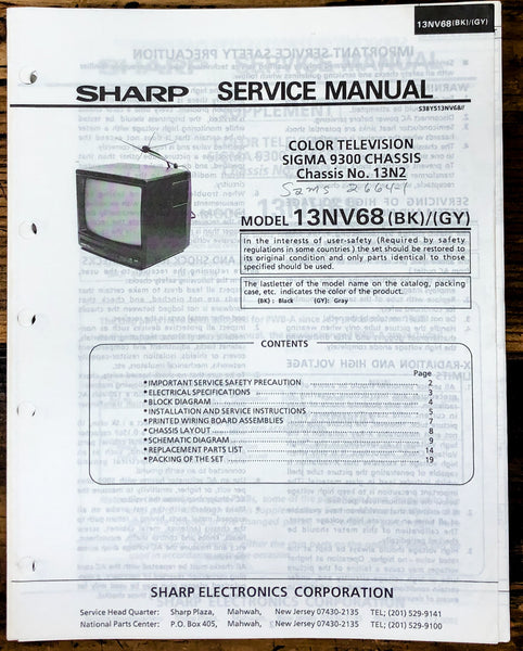 Sharp 13NV68 TV / Television Service Manual *Original*