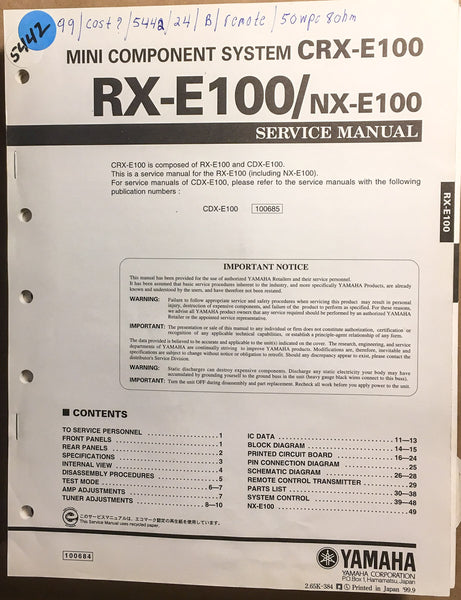 Yamaha RX-E100 CRX-E100 NX-E100 Stereo  Service Manual *Original*
