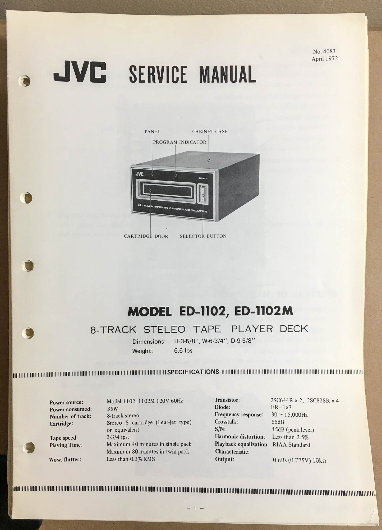 JVC  ED-1102 ED-1102M 8 Track Player  Service Manual *Original*