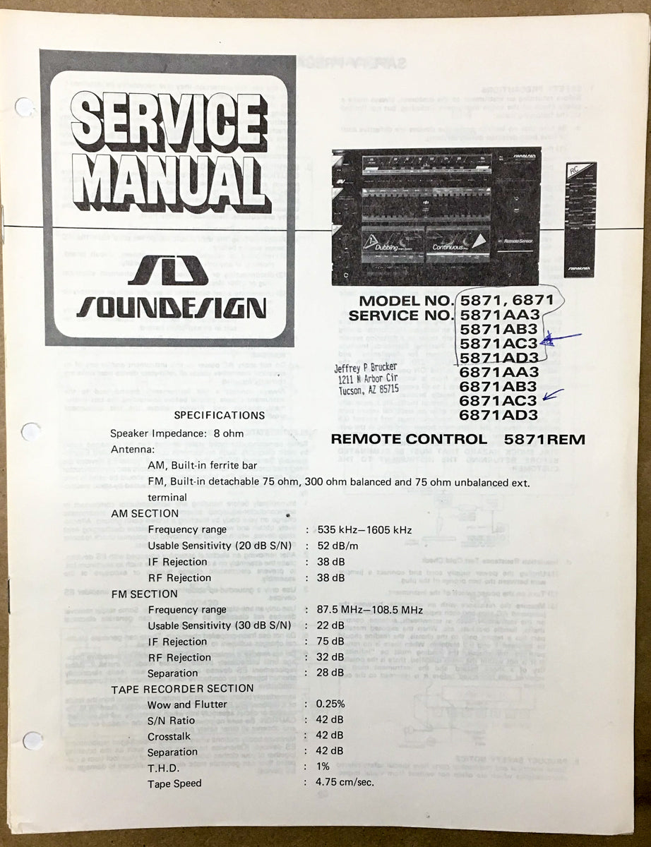 Soundesign Model 5871 6871 AA3 Stereo Service Manual *Original*