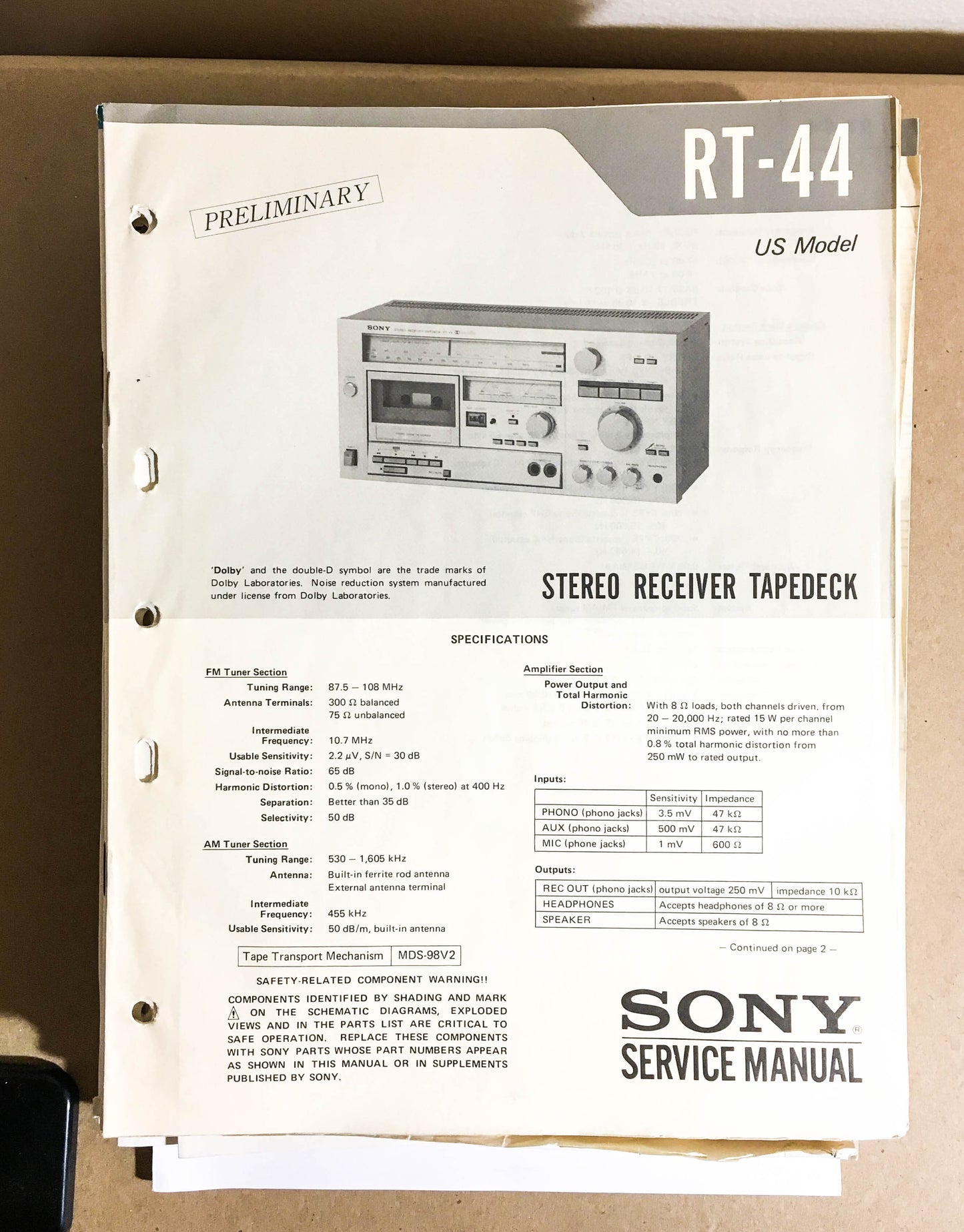 Sony RT-44 Receiver Tape Deck  Preliminary Service Manual *Original*