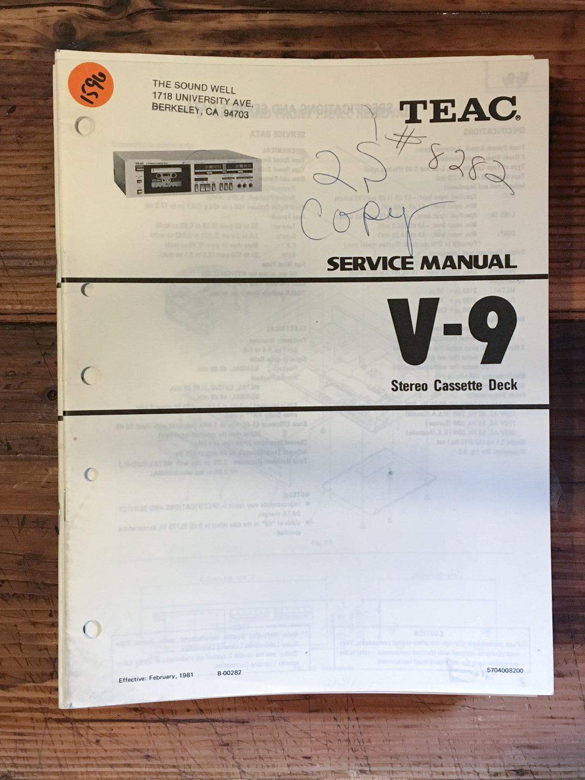 Teac V-9 Cassette Service Manual *Original*