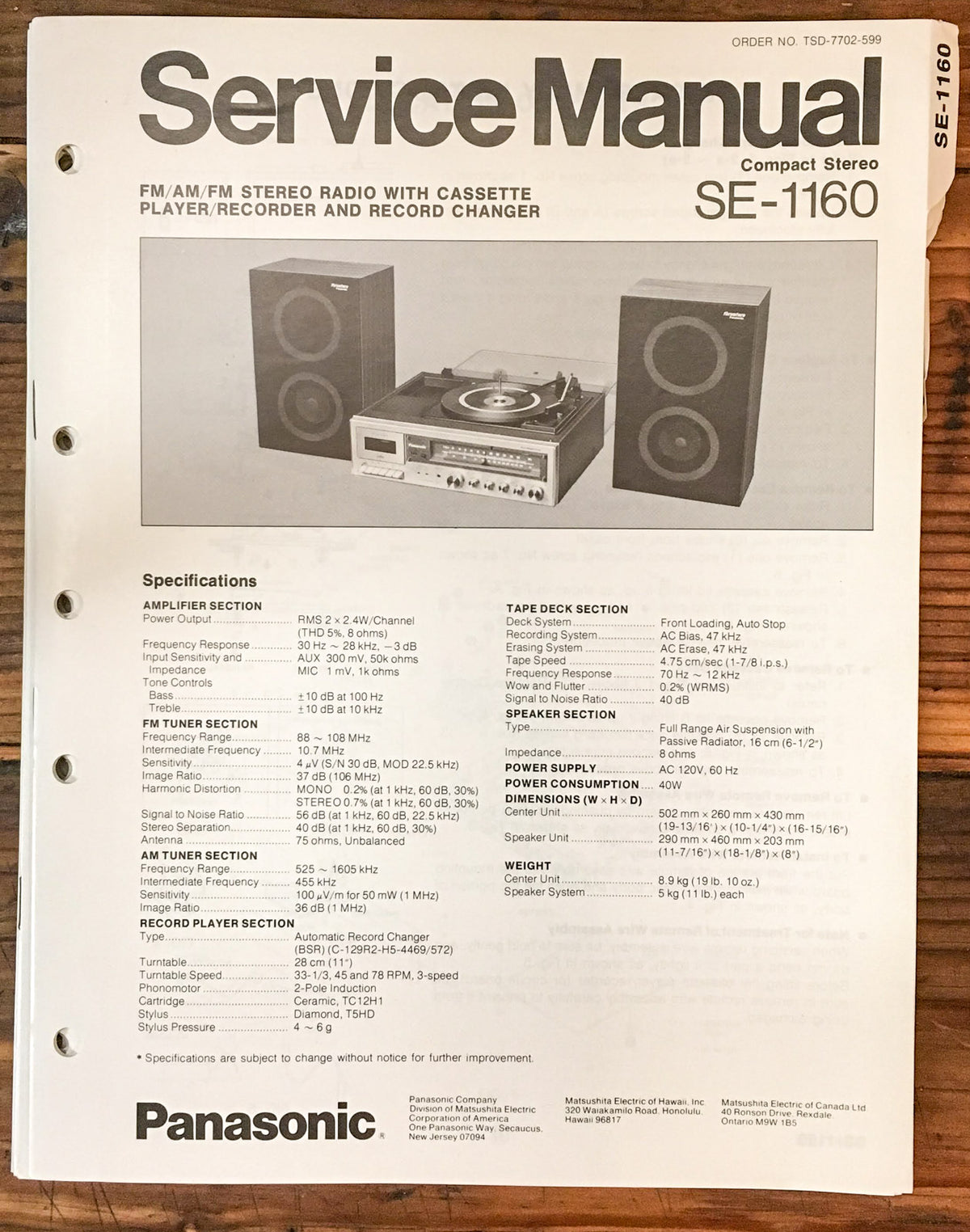 Panasonic SE-1160 Stereo  Service Manual *Original*