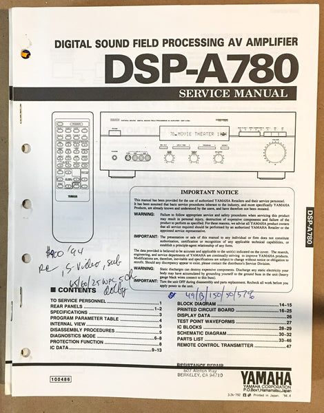 Yamaha DSP-A780 Amplifier  Service Manual *Original*