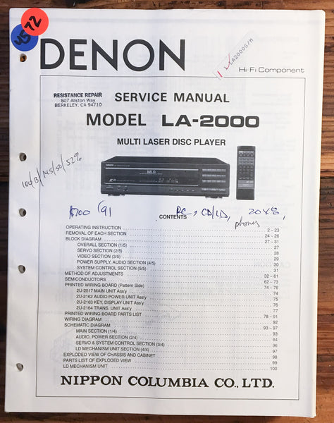 Denon LA-2000 Multi Laser Disc Player  Service Manual *Original*