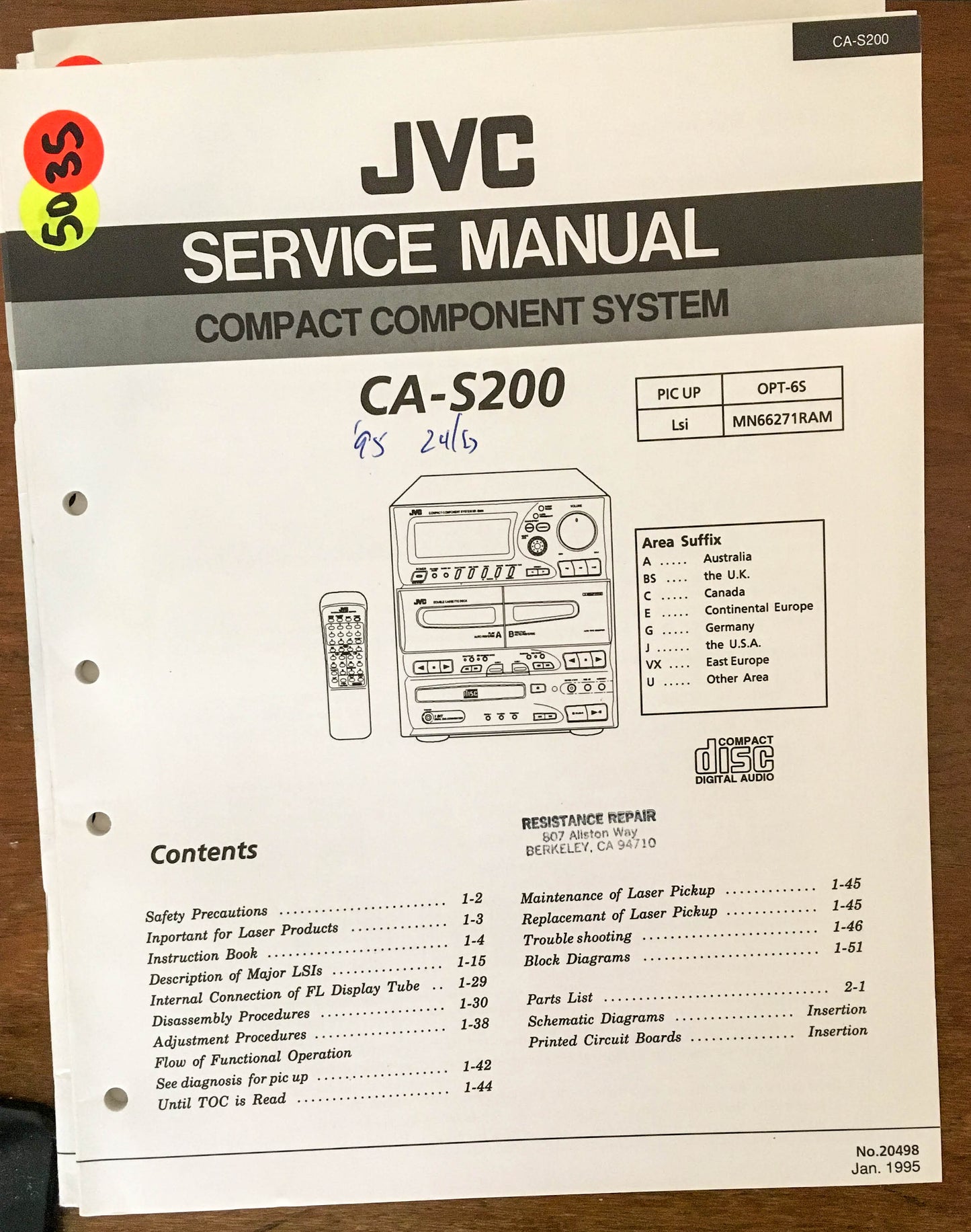 JVC CA- S200 Stereo Service Manual *Original*