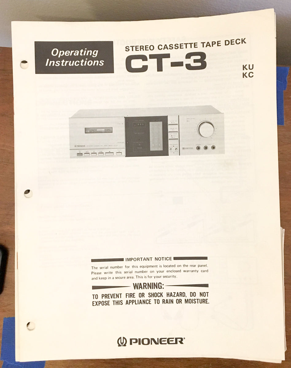 Pioneer CT-3 Cassette  Owners / Operating Manual *Original*