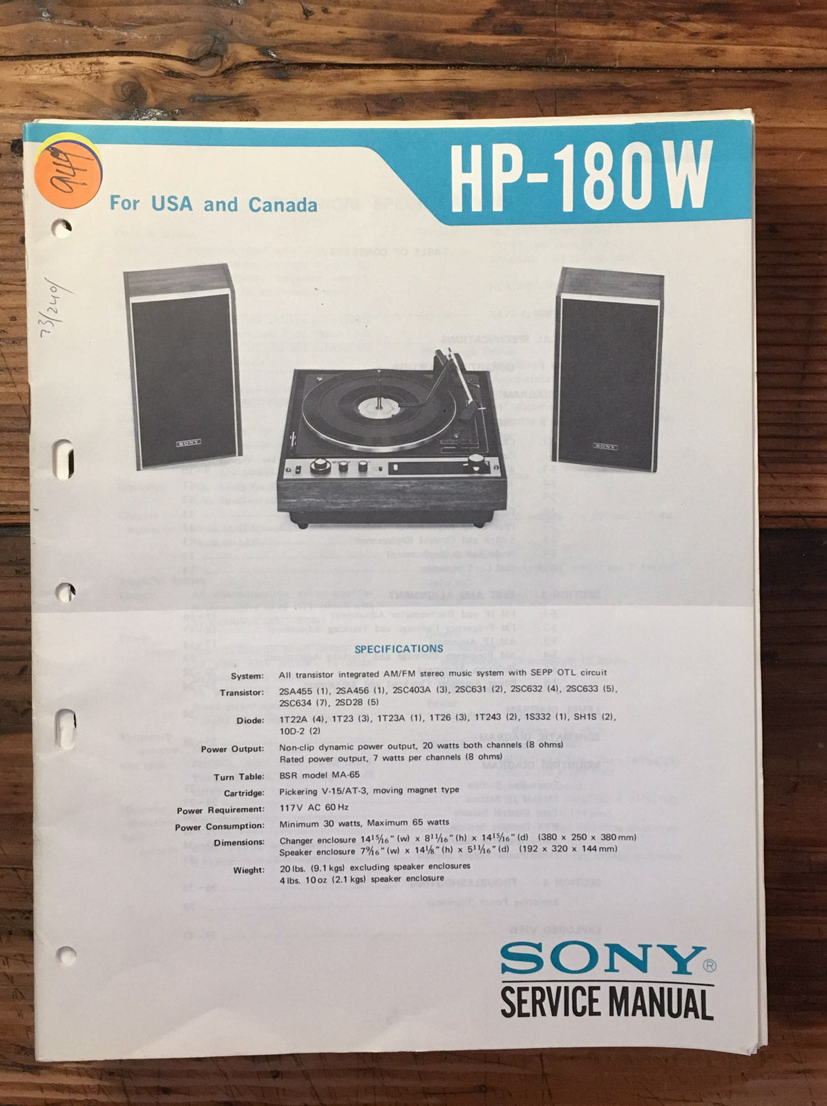Sony HP-180W Stereo  Service Manual *Original*