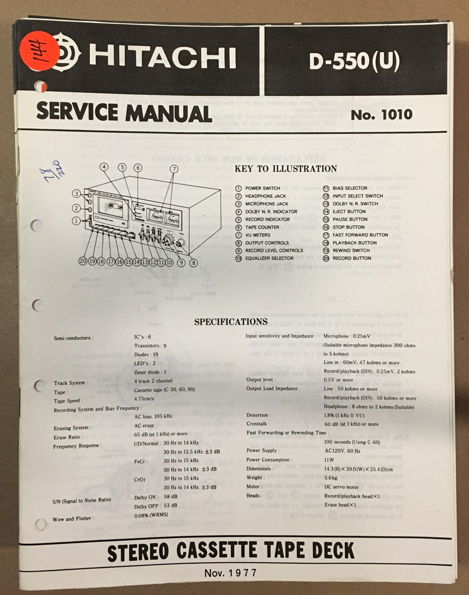 Hitachi D-550 Cassette  Service Manual *Original*