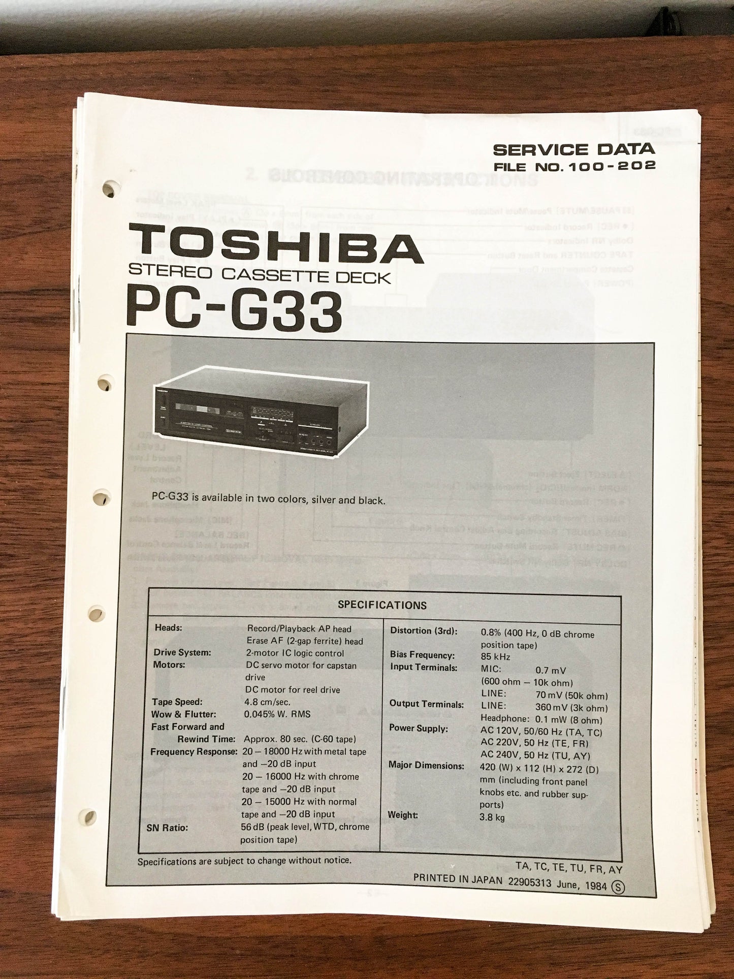 Toshiba PC-G33 Cassette Deck Service Manual *Original*