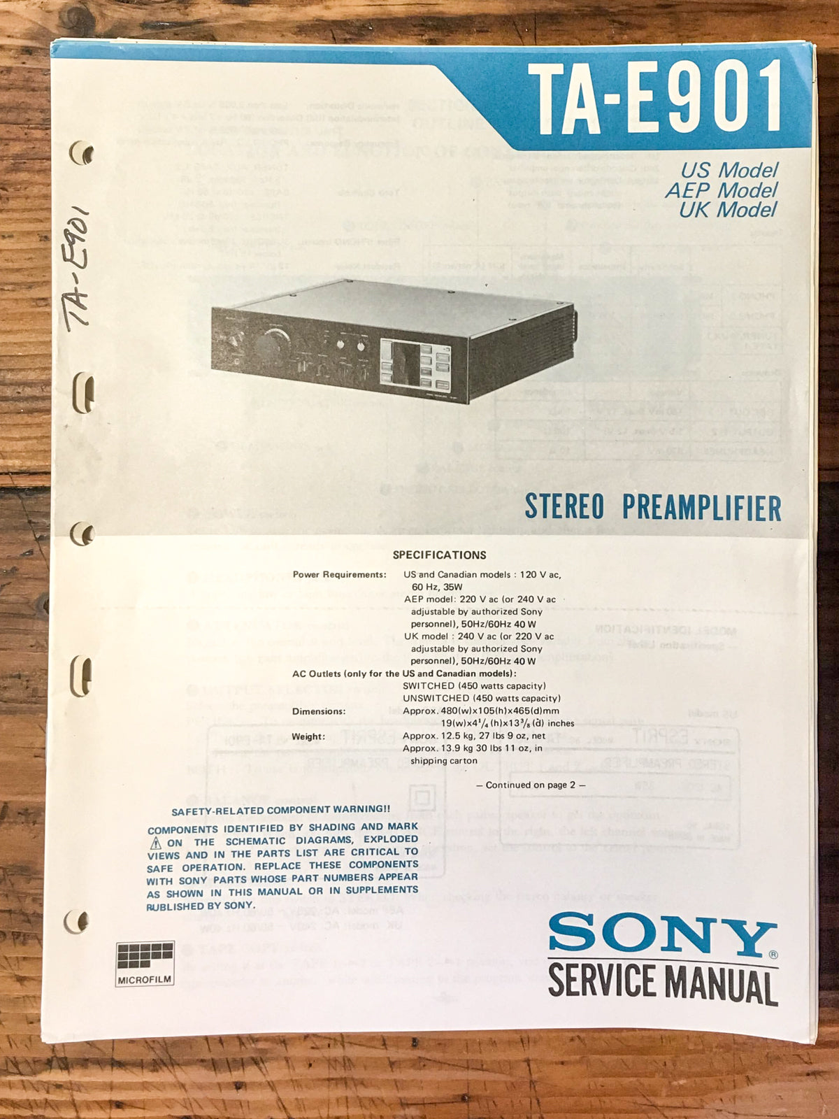 Sony TA-E901 Preamp / Preamplifier Service Manual *Original*