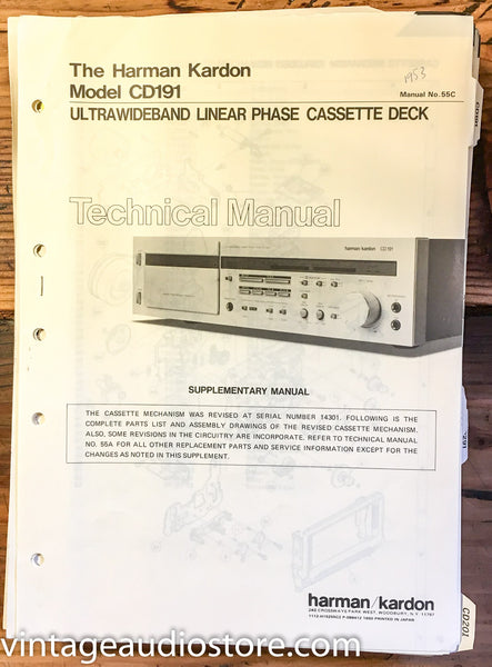 Harman Kardon CD191 CD 191 Cassette  Service Manual Supplement *Original*