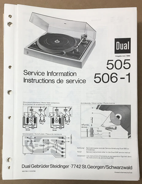 Dual Model 505 506-1 Record Player / Turntable Service Manual *Original*