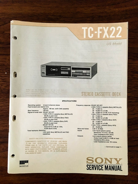 Sony TC-FX22 Cassette Service Manual *Original*