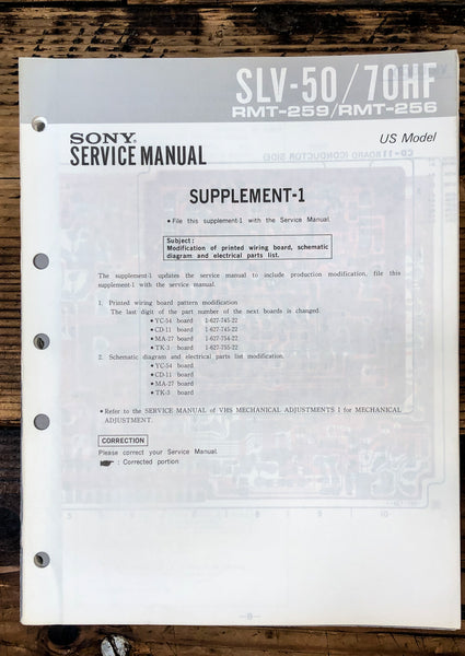 Sony SLV-50 SLV-70HF VCR / Video Cassette Supp. Service Manual *Original*