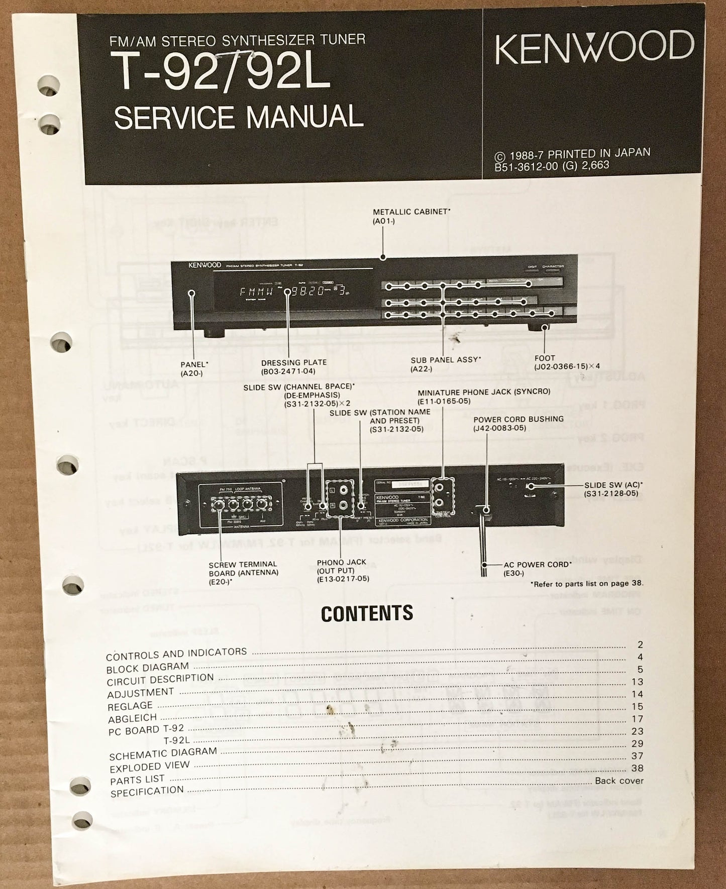 Kenwood KT-92 KT-92L Tuner Service Manual *Original*