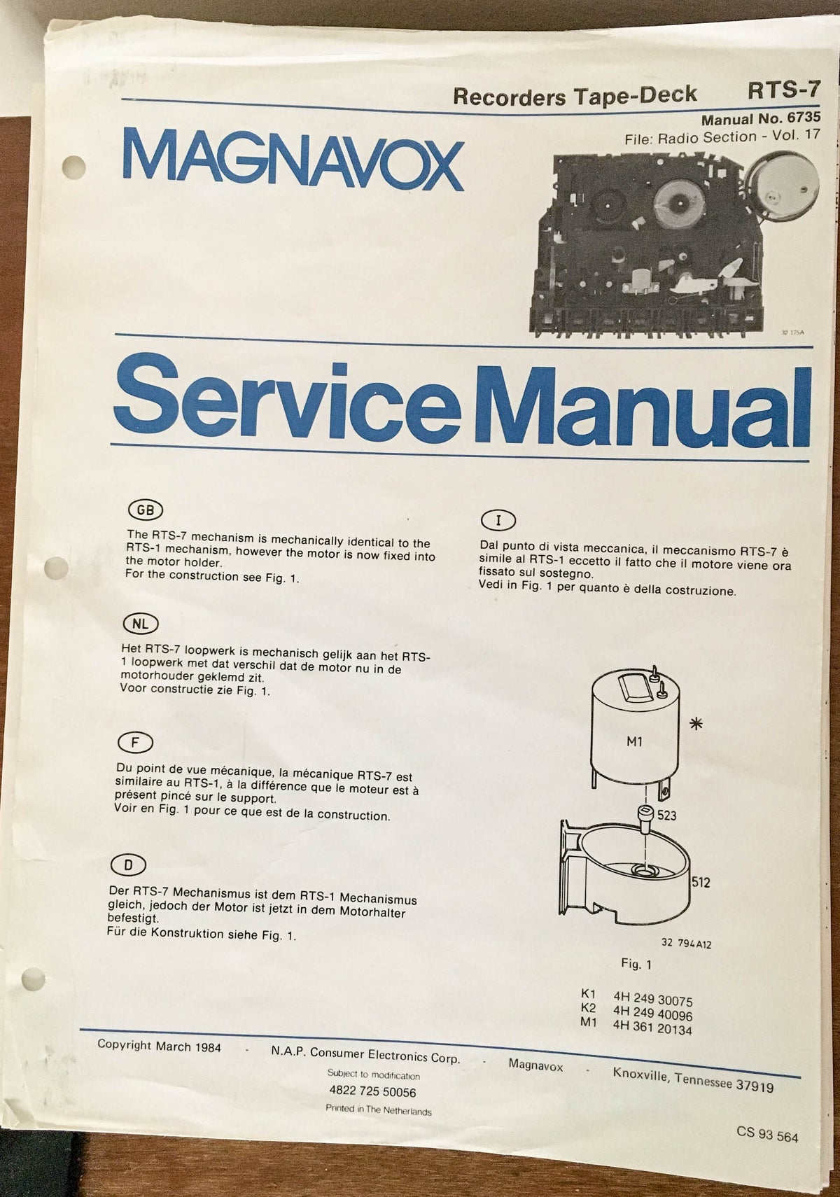 Magnavox RTS-7 Tape Recorders  Service Manual *Original*