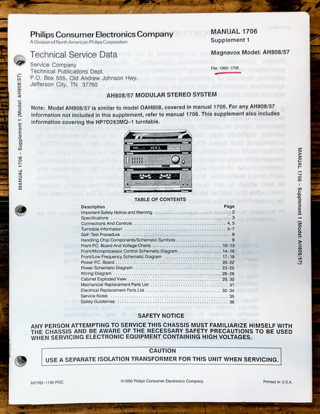 Magnavox AH808 AH808/57 Stereo Service Manual *Original*