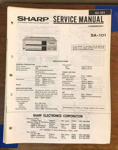 Sharp SA-101 Amplifier Service Manual *Original*