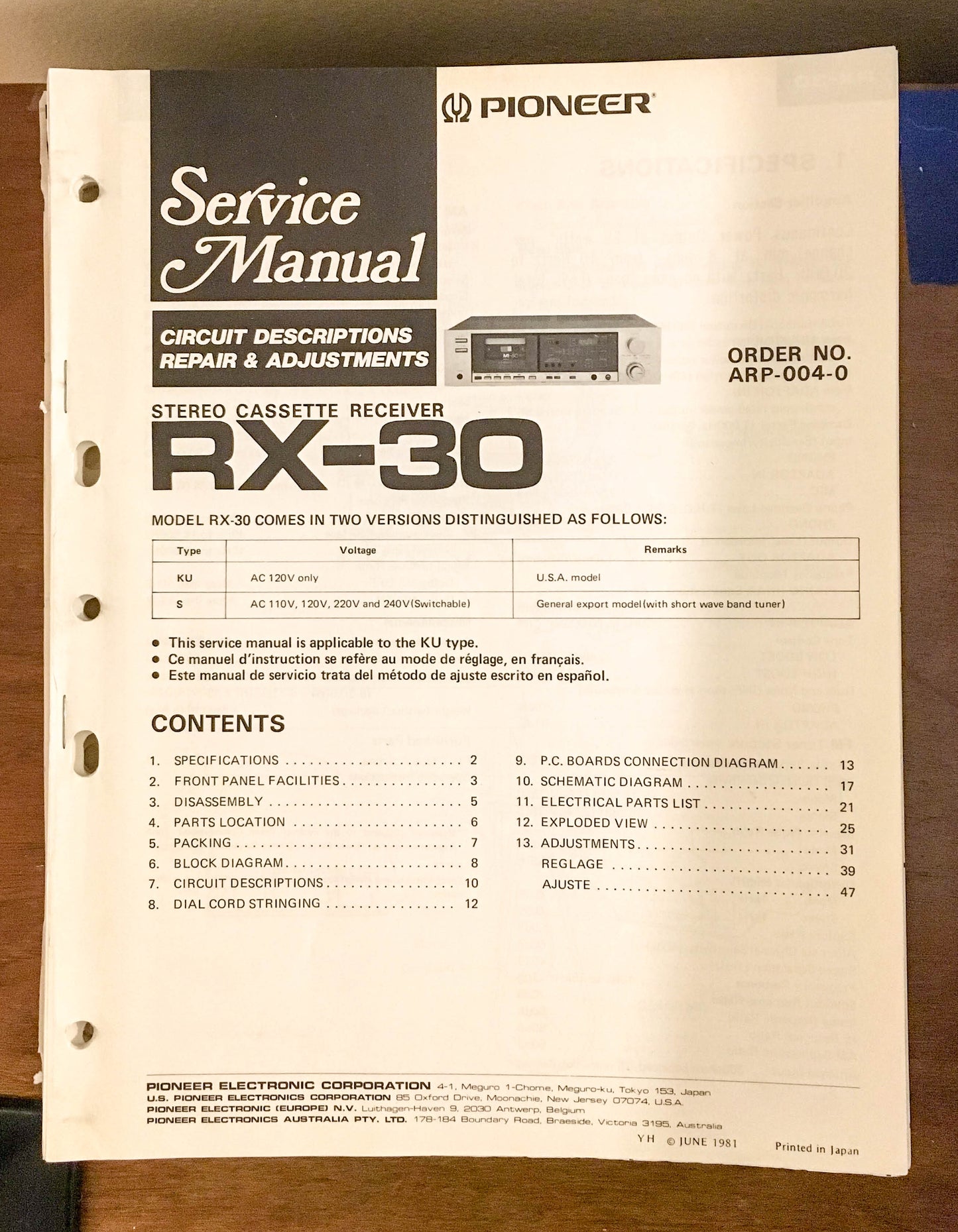 Pioneer RX-30 Cassette Receiver Service Manual *Original*