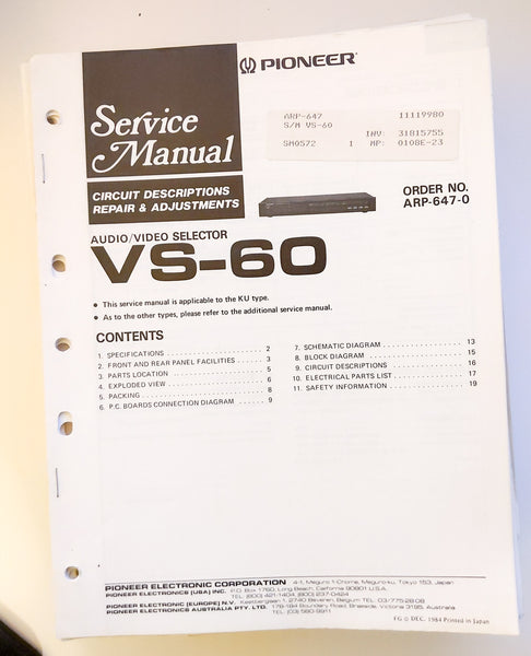 Pioneer VS-60 Video Selector Service Manual *Original*