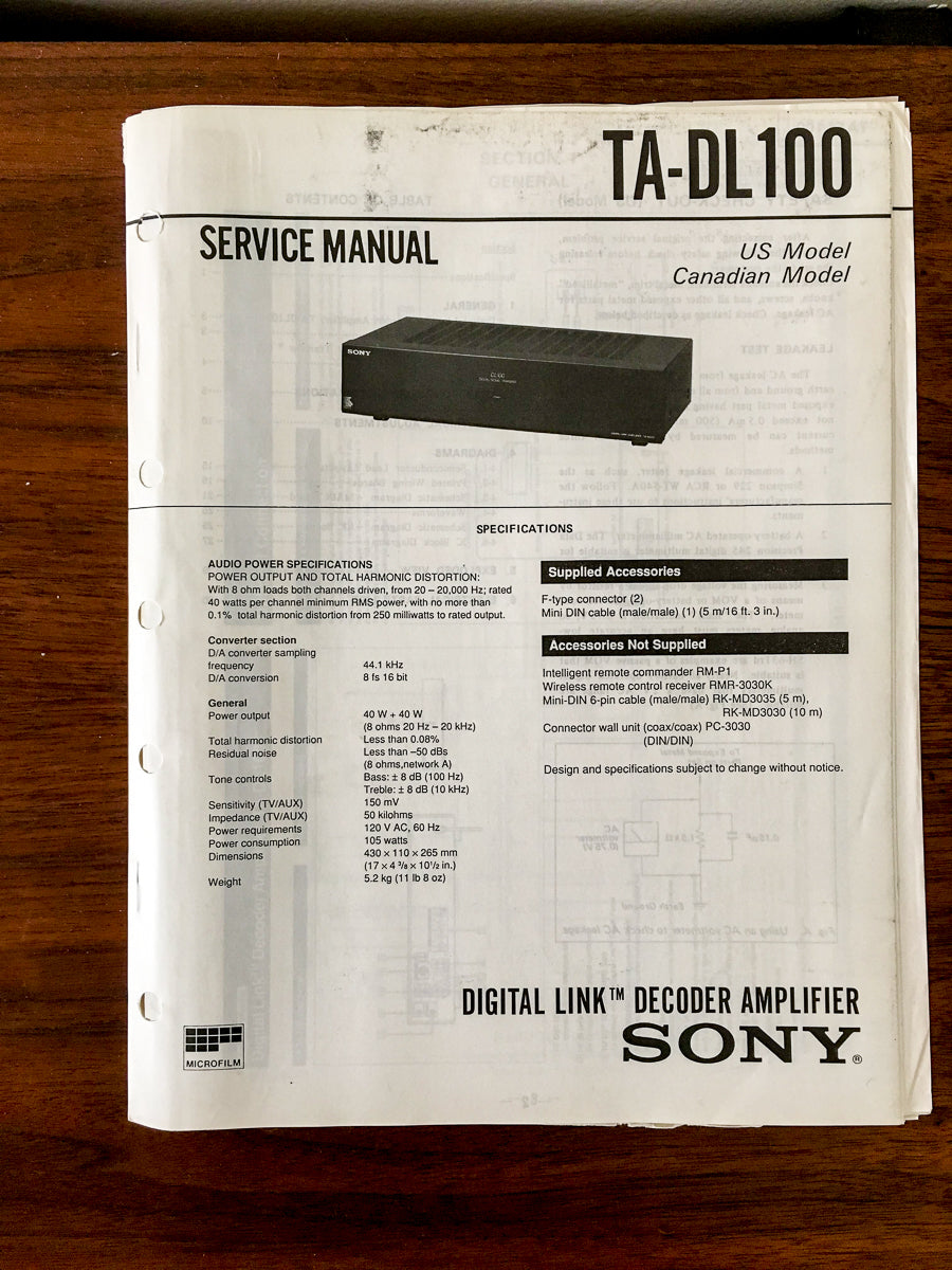 Sony TA-DL100 Decoder Amplifier Service Manual *Original*