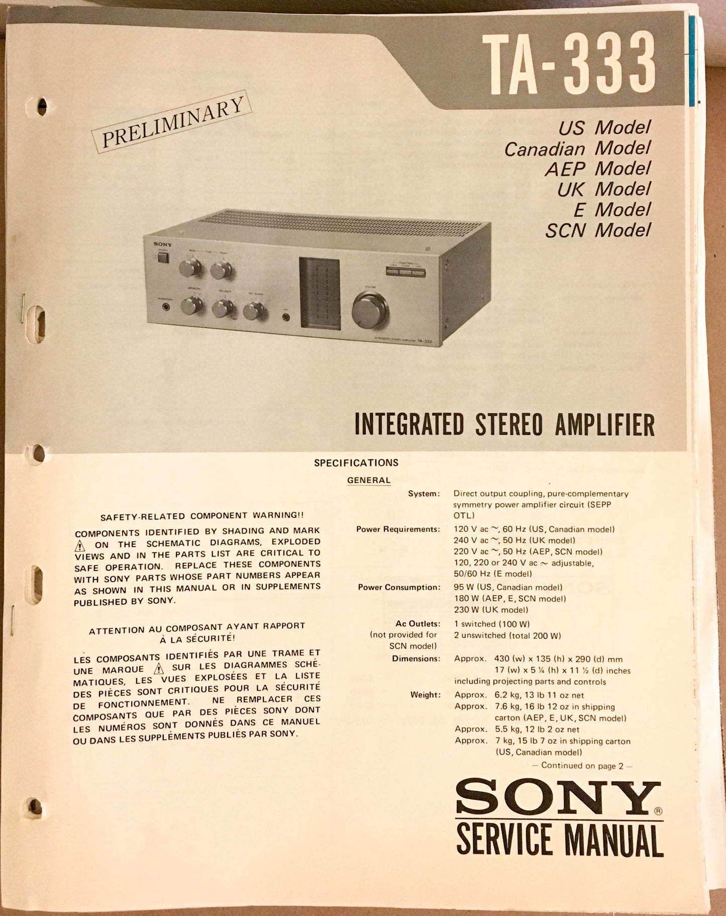 Sony TA-333 Amplifier  Preliminary Service Manual *Original*