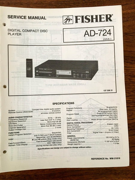 Fisher AD-724 CD Player Service Manual *Original*