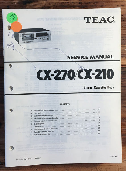 Teac CX-210 CX-270 Cassette Deck  Service Manual *Original*