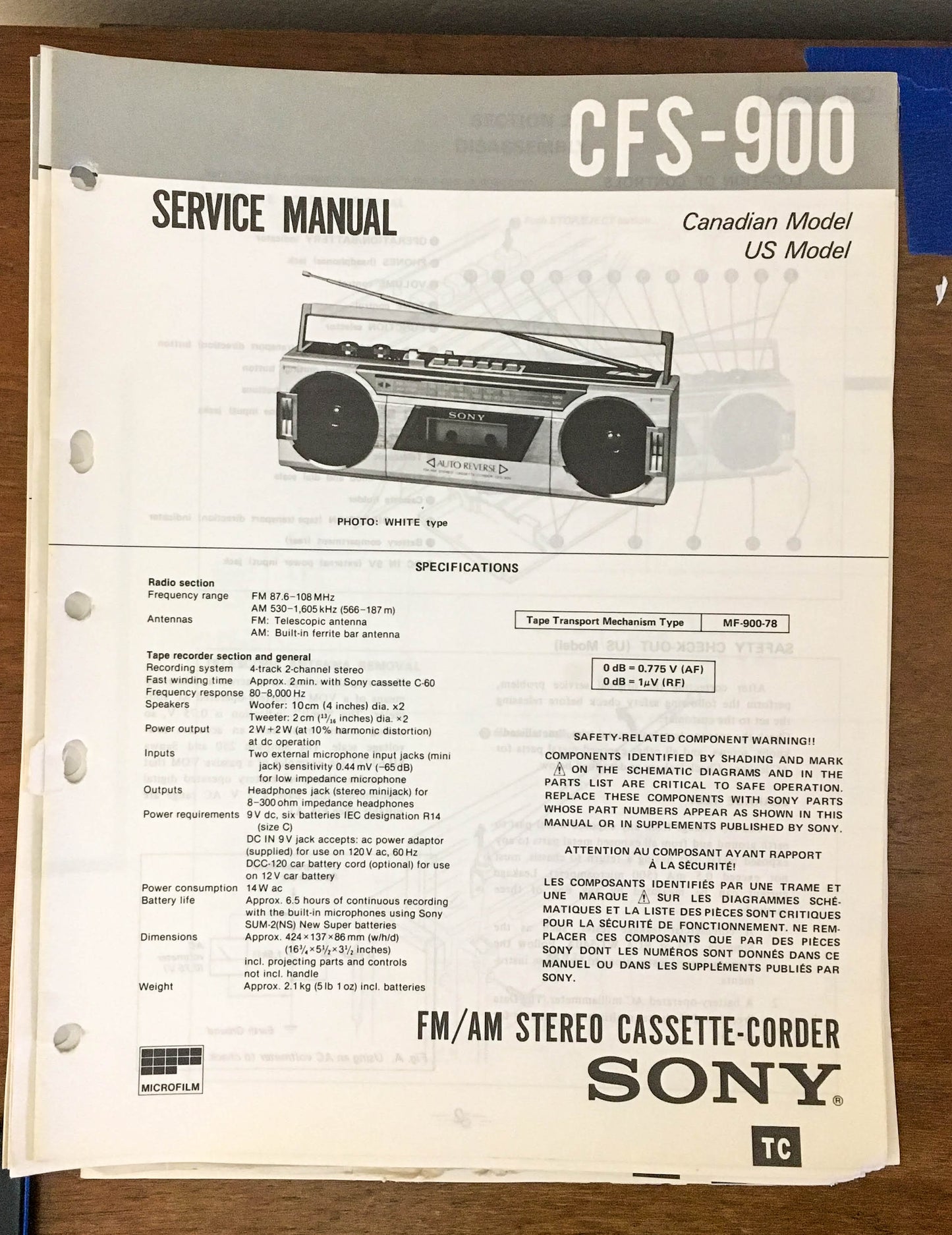 Sony CFS-900 Radio Cassette Recorder / Boombox Service Manual *Original*