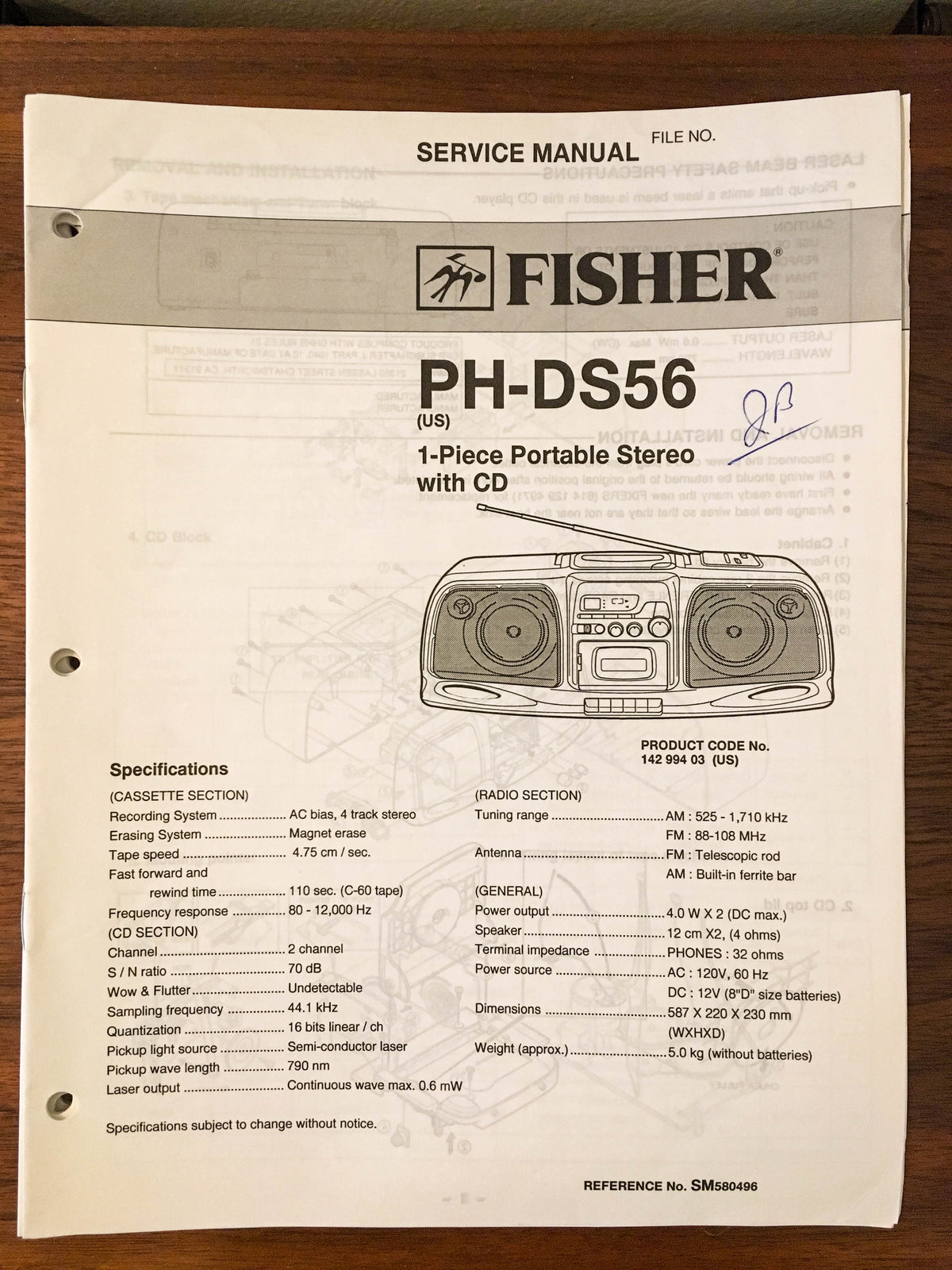 Fisher PH-DS56 Boombox Radio Service Manual *Original*