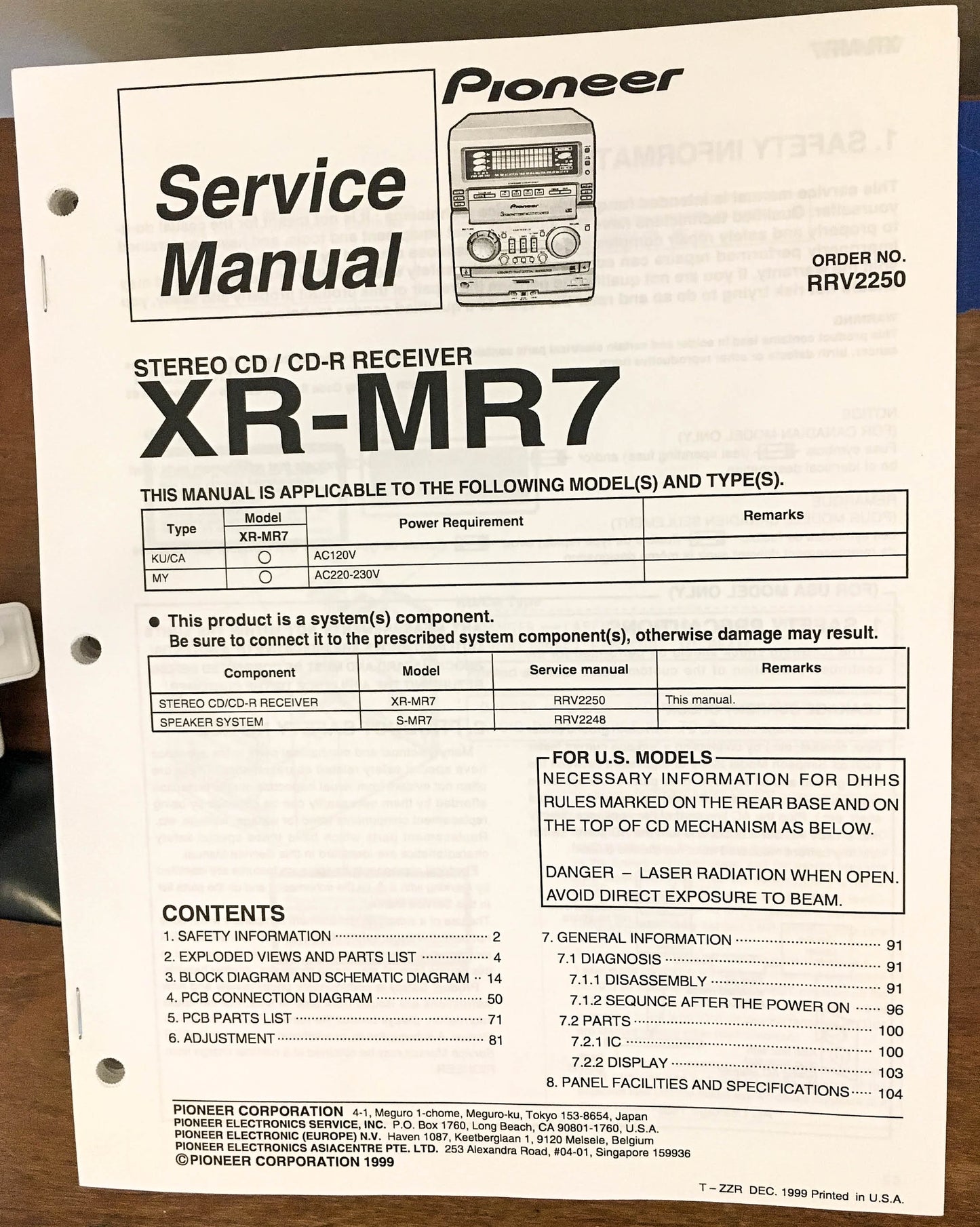 Pioneer XR-MR7 Stereo System Service Manual *Original*