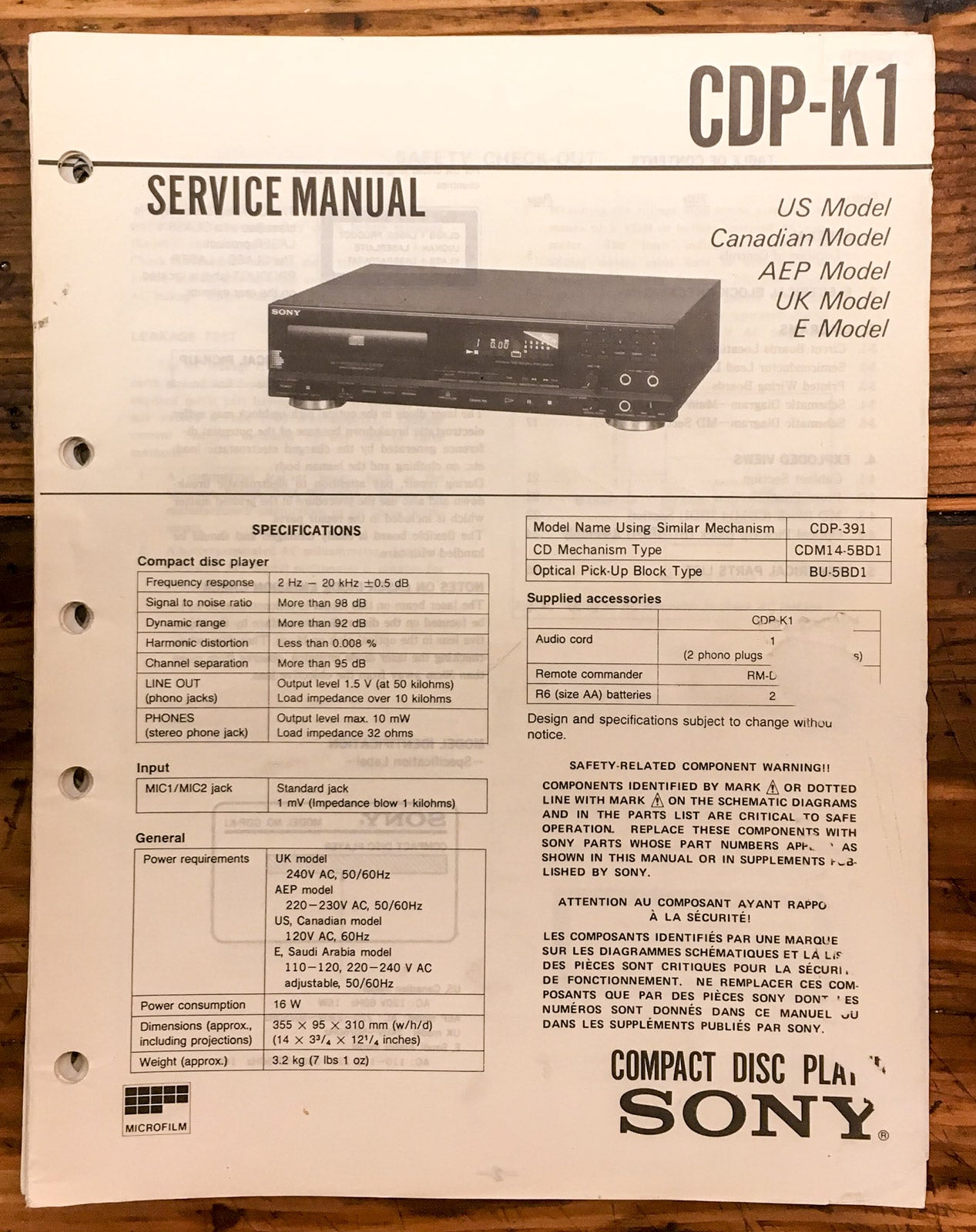 Sony CDP-K1 CD Player  Service Manual *Original*