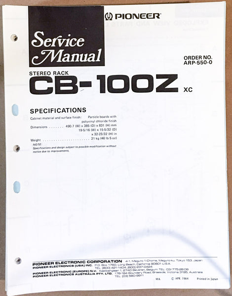 Pioneer CB-100Z Audio Rack Service Manual *Original*