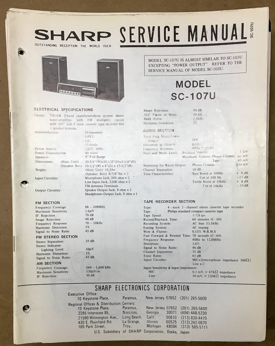 Sharp SC-107 U SC-107U Radio / Stereo Service Manual *Original*