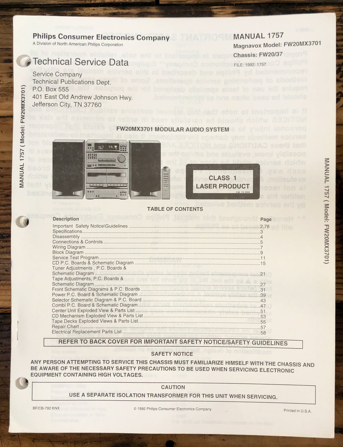 Magnavox FW20MX37 FW20 / 37 Stereo  Service Manual *Original*