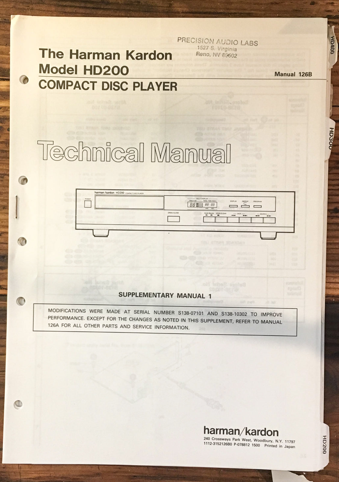 Harman Kardon HD200 HD-200 CD Player  Service Manual Supplement *Original*