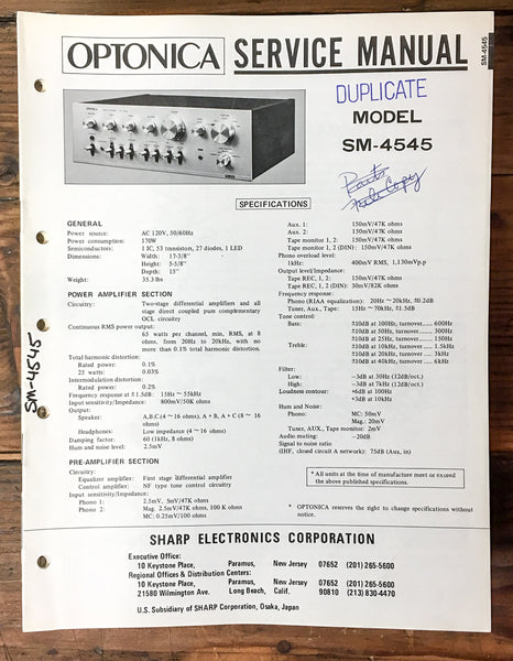 Sharp Optonica SM-4545 Integrated Amplifier Service Manual *Original*