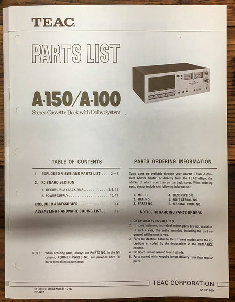 Teac A-100 A-150 Cassette Deck  Parts List Manual *Original*